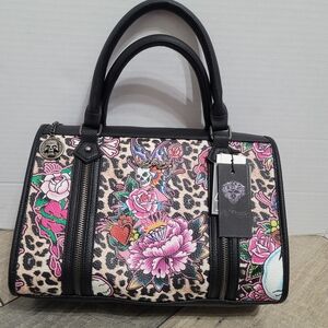 NWT Ed Hardy Cheetah Skull And Roses Tatoo Design Satchel/ Crossbody Handbag